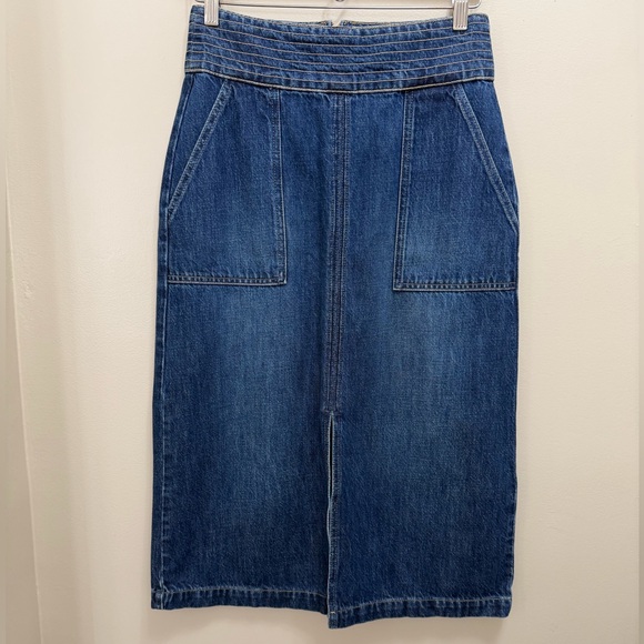 FRAME Trapunto Top Stitched Denim A Line Midi Skirt Pockets Size 27 - Picture 3 of 10